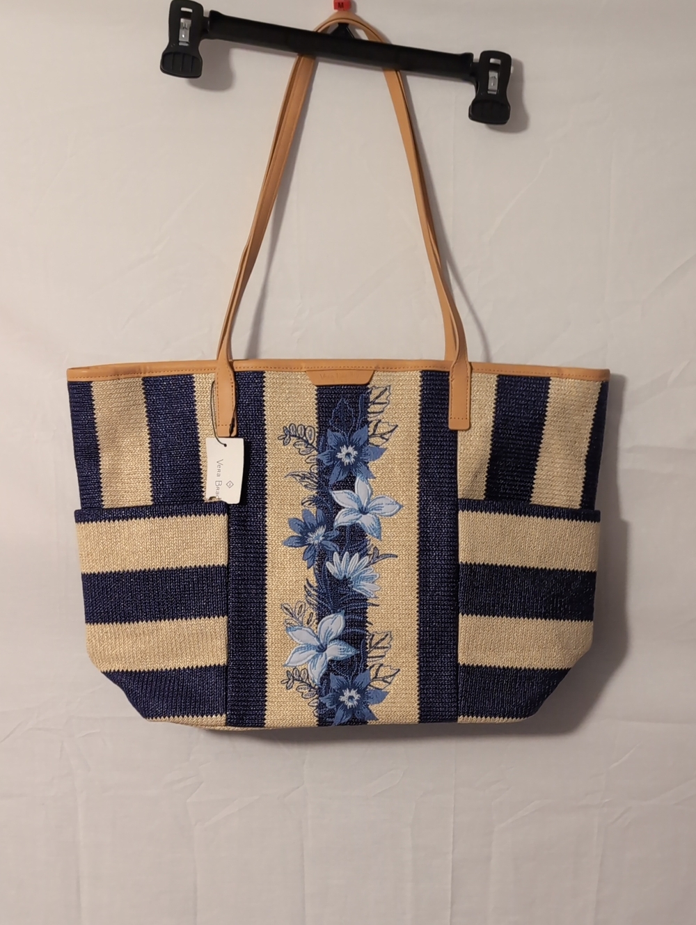 NWT Vera Bradley Straw Beach Tote Navy Stripe Floral Embroidered